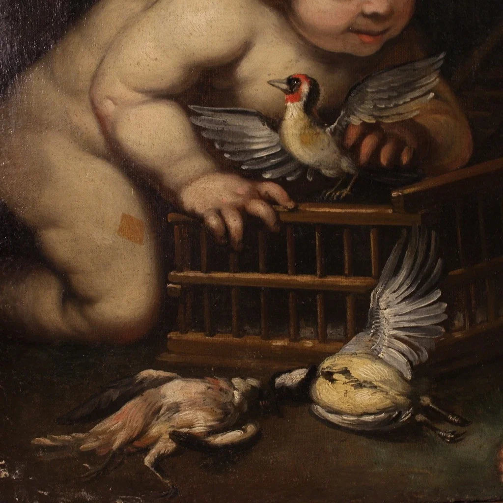 Ancien tableau allegorie angelots huile sur toile