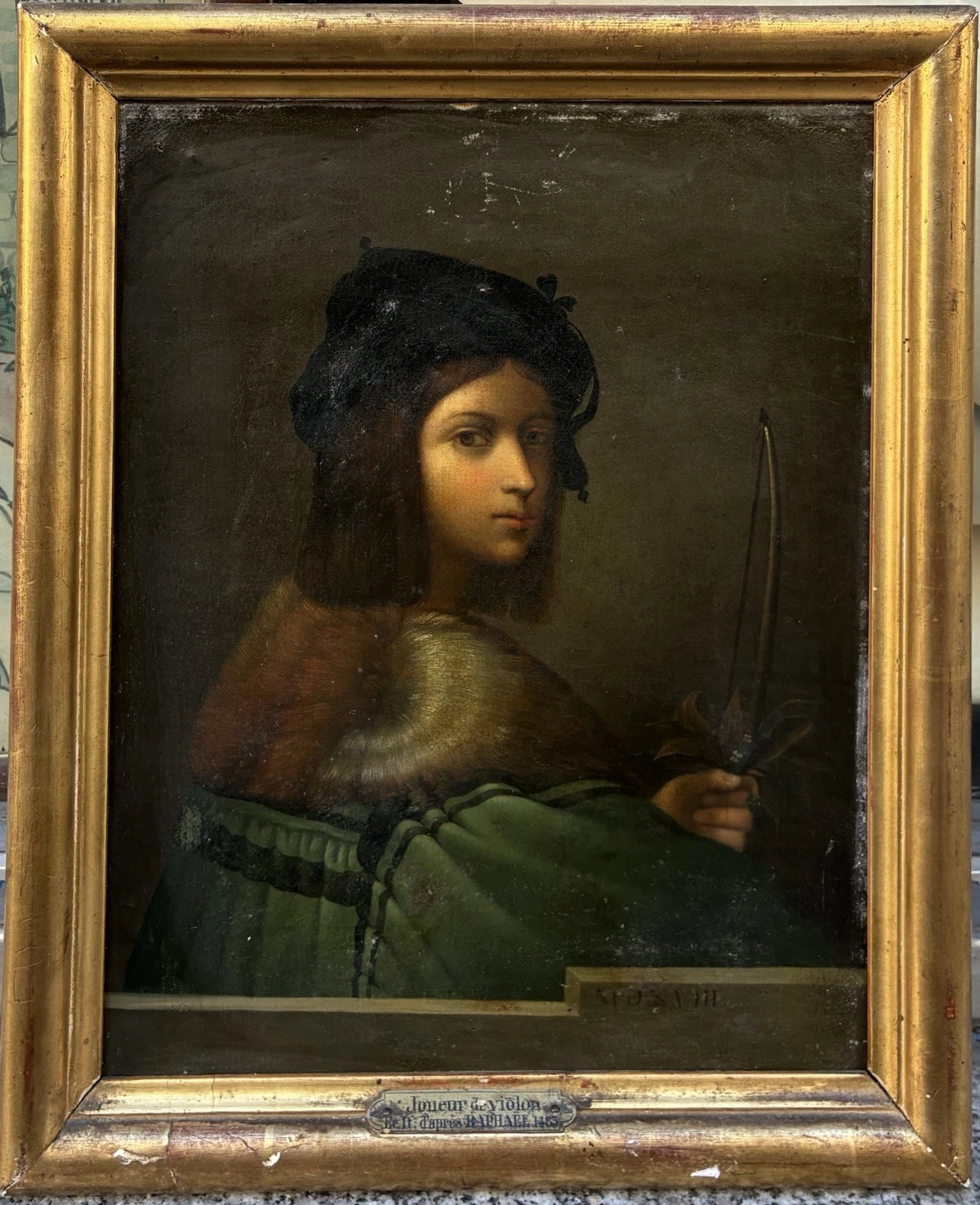 Tableau Ancien Huile Portrait Joueur de Violon Homme Renaissance Raphael XIXe