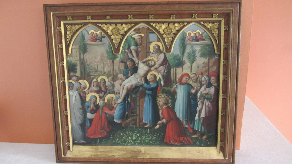 tableau, Huile sur PANNEAU ZINC , Scène Religieuse , Descente De Croix , 19eme