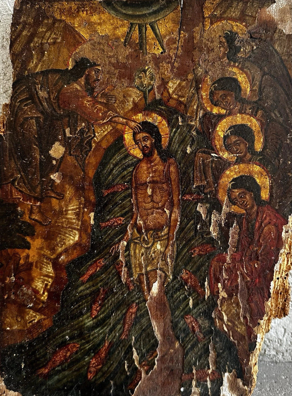 Ancienne Icône Religieuse Baptême Jésus Christ Peinture Tempera Doré Crête 17ème