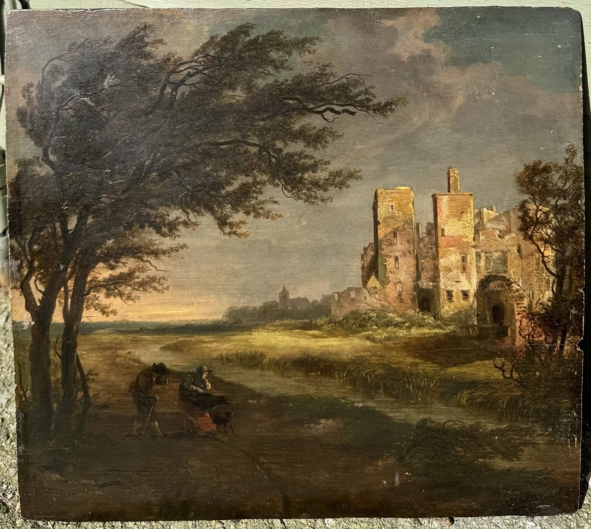 École Italienne fin XVII Paysage à la ruine tableau ancien huile sur panneau