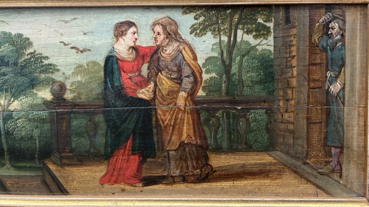 Tableau Ancien Huile Scène Religieuse La Vierge en Visite Chez Anne Début XVIIe
