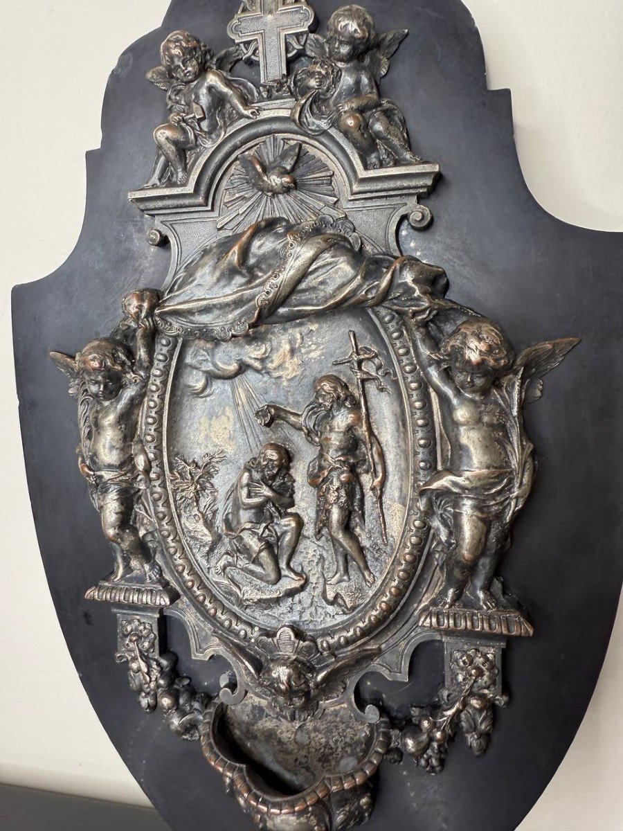 Bénitier En Bronze Argenté Représentant Le Baptême De Jésus.19ème siècle