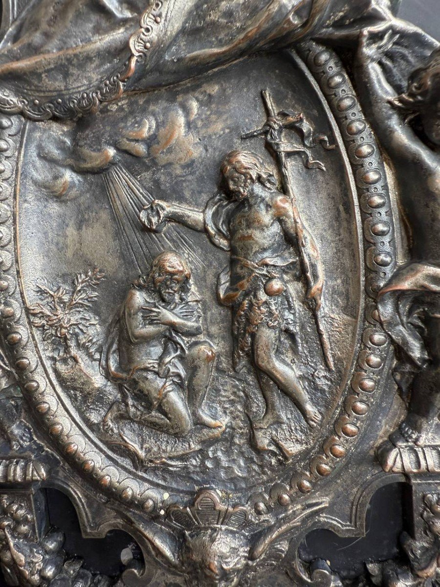 Bénitier En Bronze Argenté Représentant Le Baptême De Jésus.19ème siècle