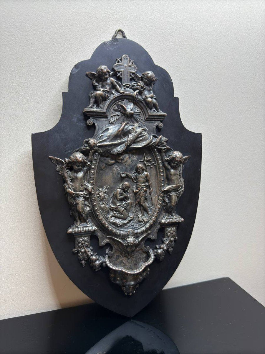 Bénitier En Bronze Argenté Représentant Le Baptême De Jésus.19ème siècle