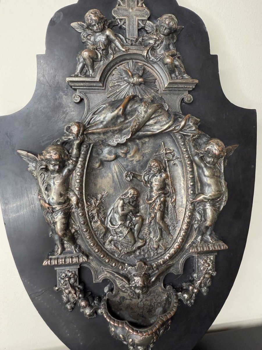 Bénitier En Bronze Argenté Représentant Le Baptême De Jésus.19ème siècle