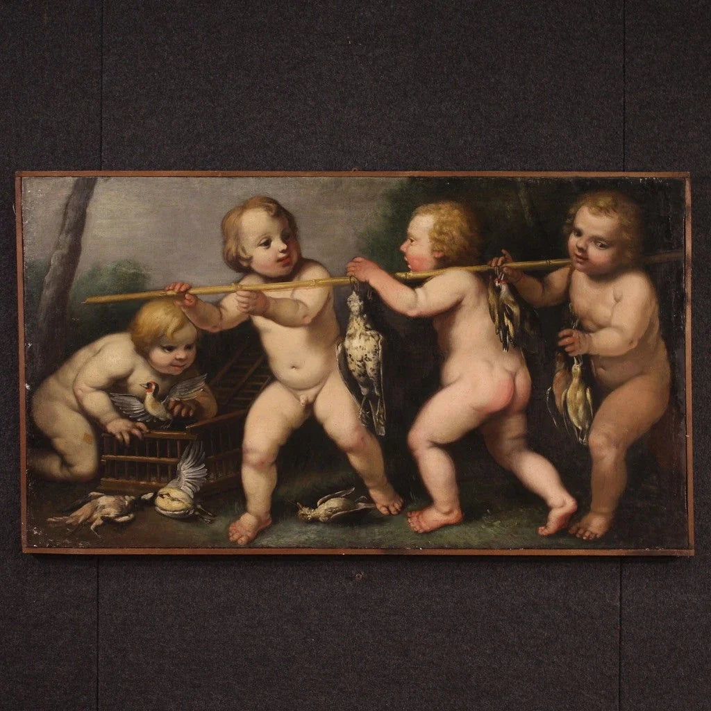 Ancien tableau allegorie angelots huile sur toile