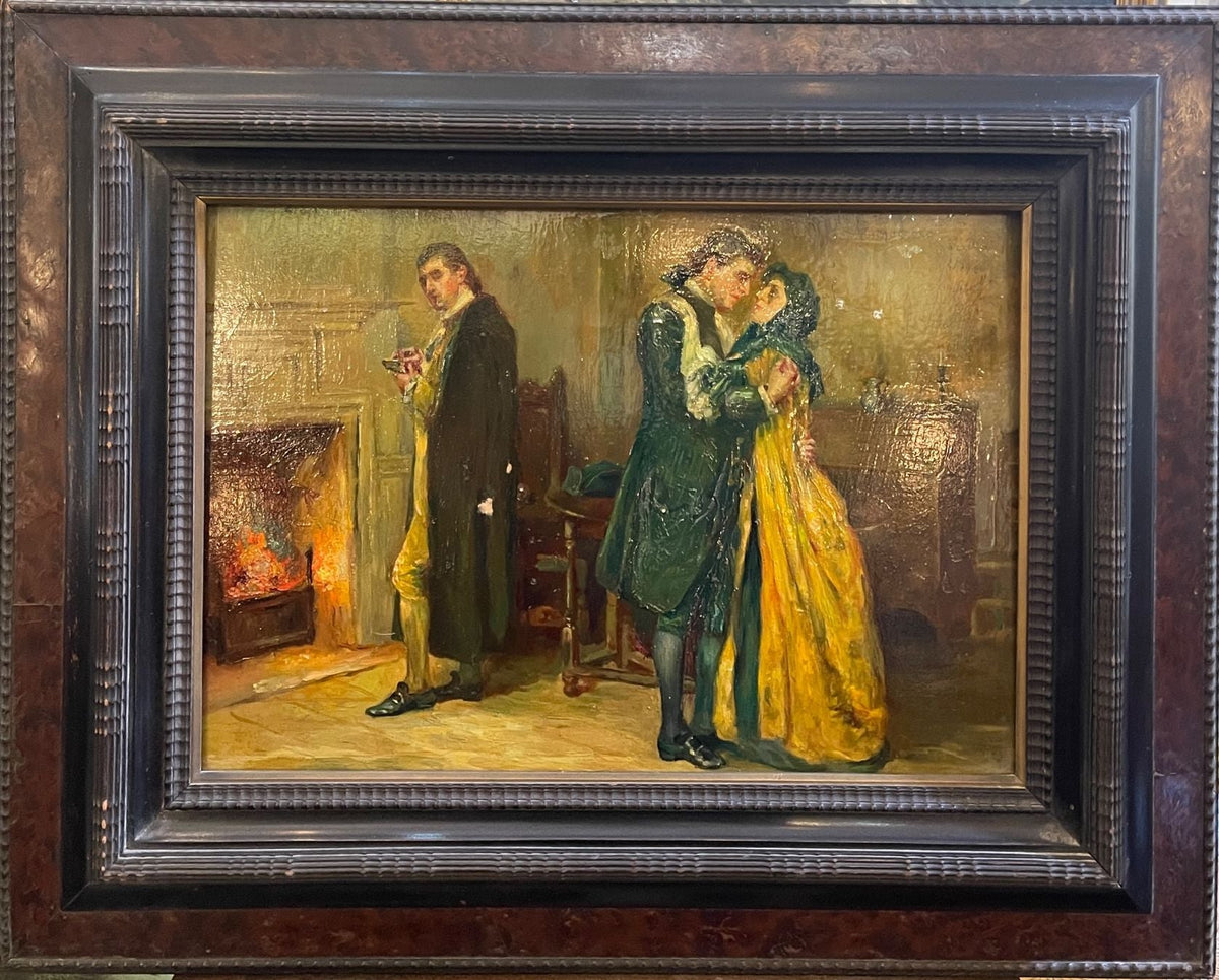 Peinture à l'huile sur bois du XVIIIe siècle intitulée Le porte-morve