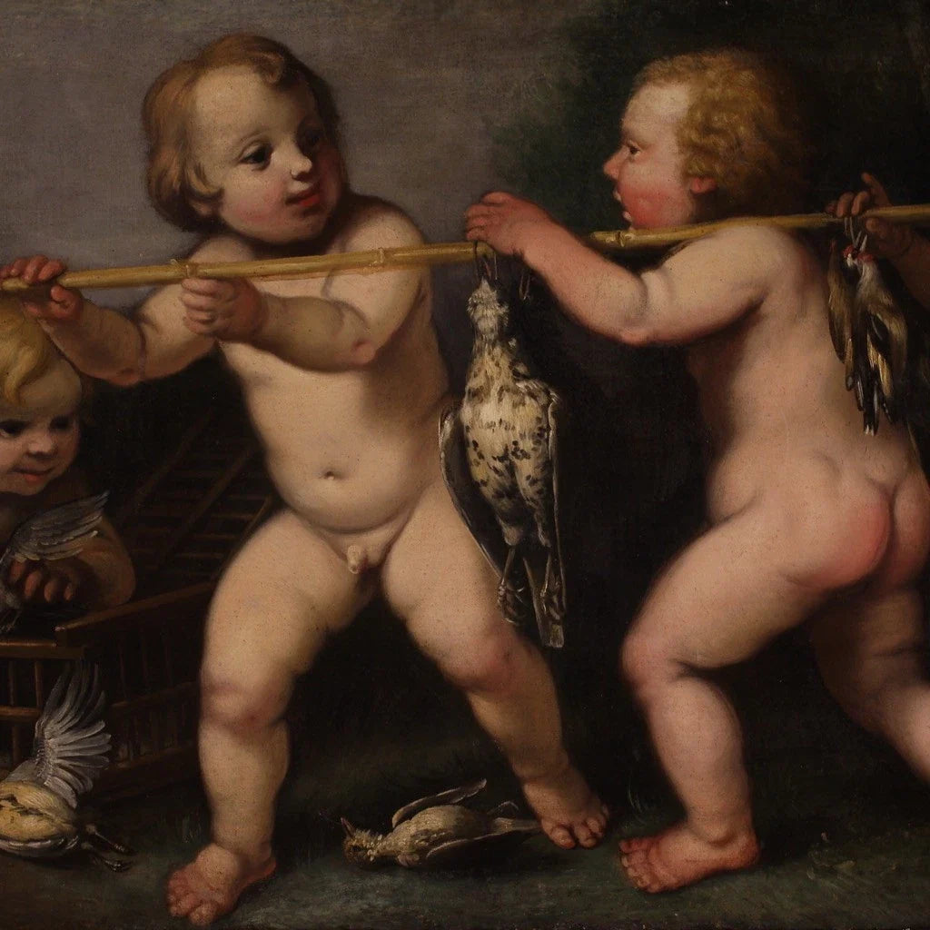 Ancien tableau allegorie angelots huile sur toile