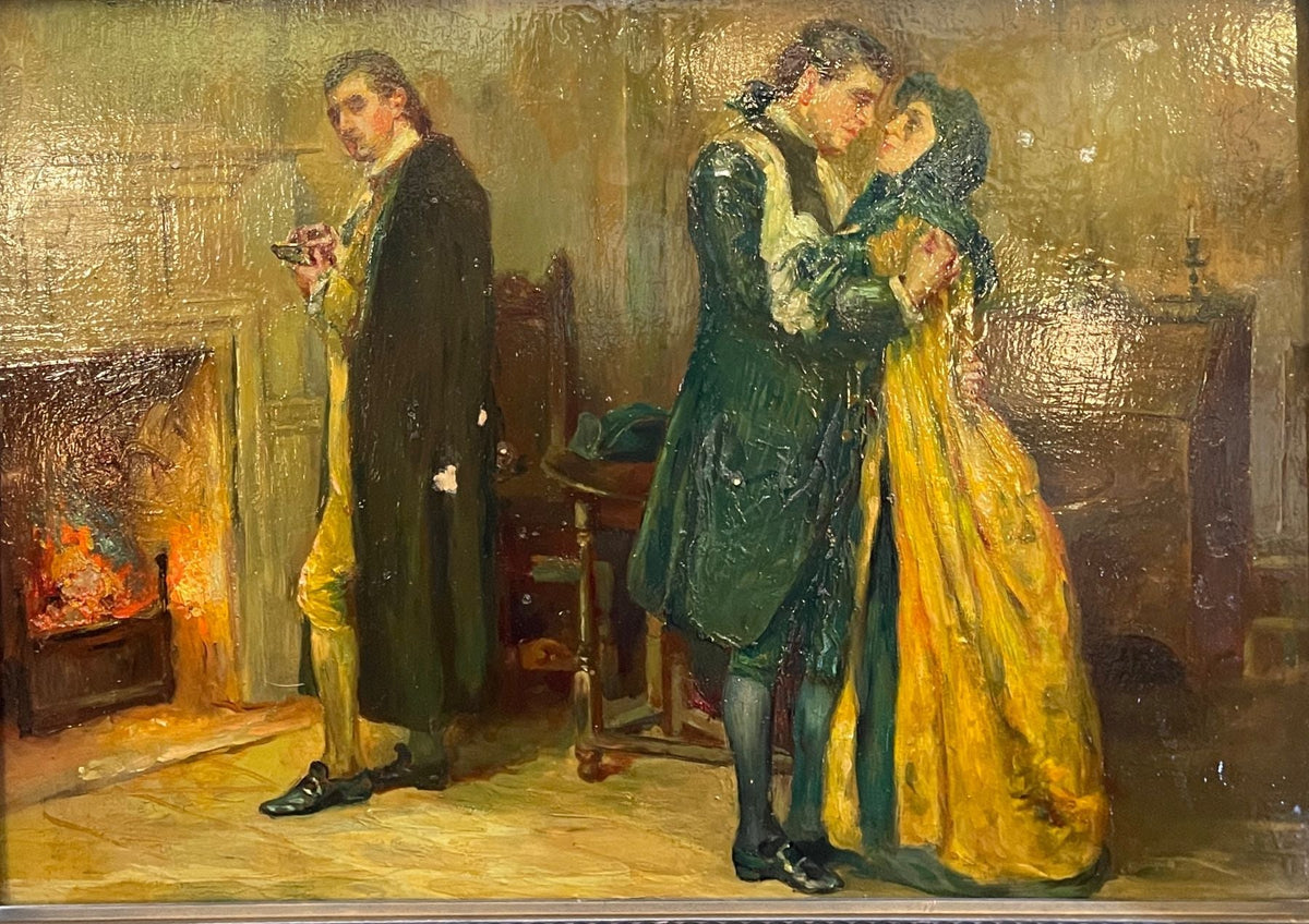 Peinture à l'huile sur bois du XVIIIe siècle intitulée Le porte-morve