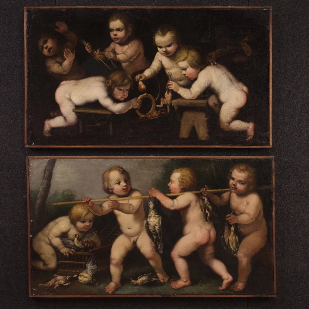 Ancien tableau allegorie angelots huile sur toile