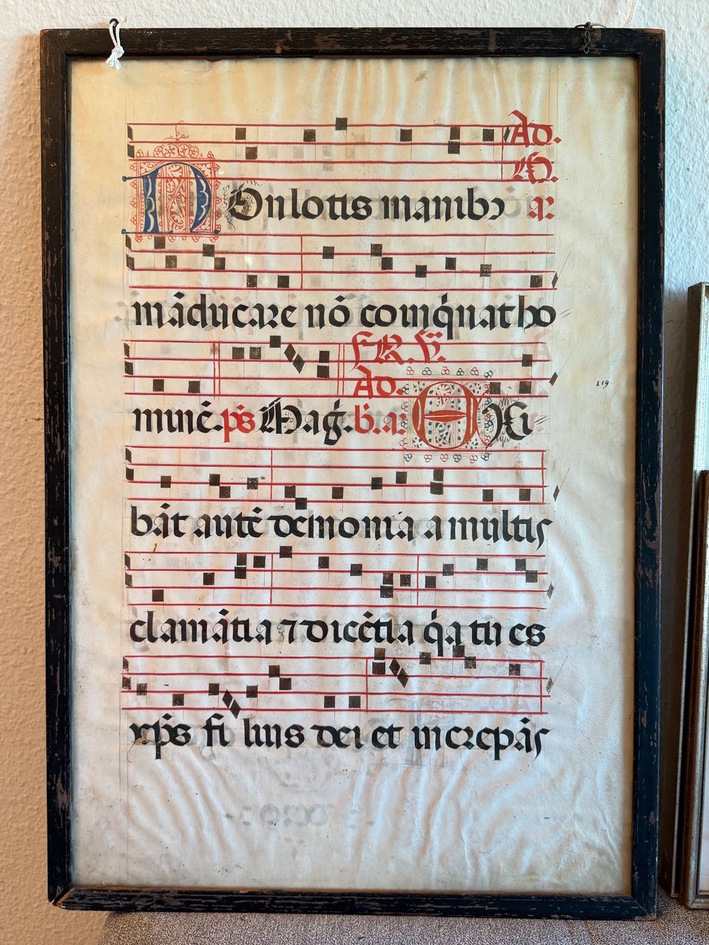 Feuille encadrée d'un antiphonaire, manuscrit enluminé en latin