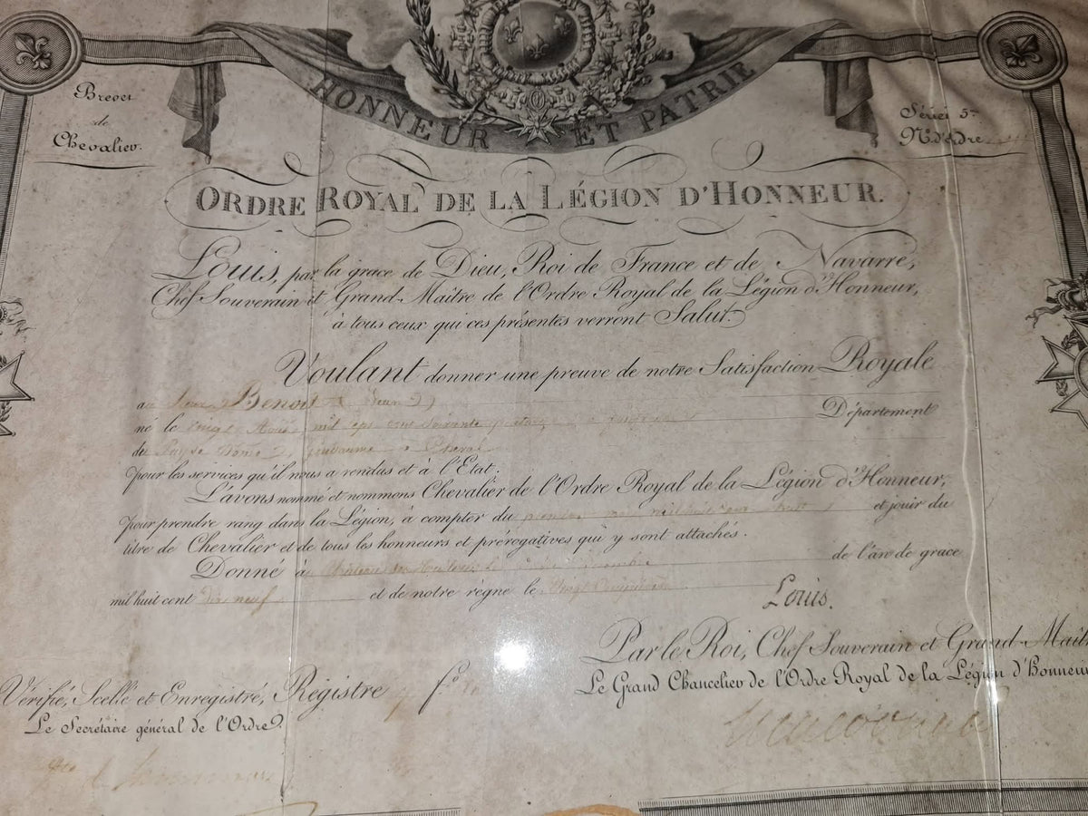 Rare Légion d’Honneur Louis XVIII 1819 –brevet original nominatif et croix ancienne