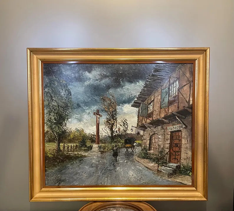 Tableau huile sur toile ancienne l'auberge sous la pluie