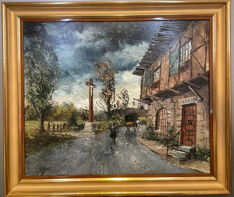 Tableau huile sur toile ancienne l'auberge sous la pluie