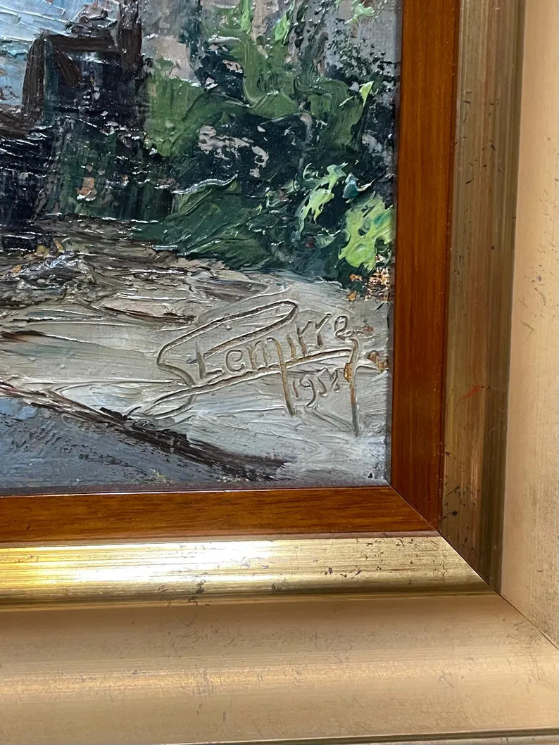 Tableau huile sur toile ancienne l'auberge sous la pluie