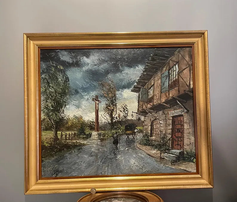 Tableau huile sur toile ancienne l'auberge sous la pluie