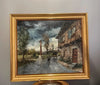 Tableau huile sur toile ancienne l'auberge sous la pluie