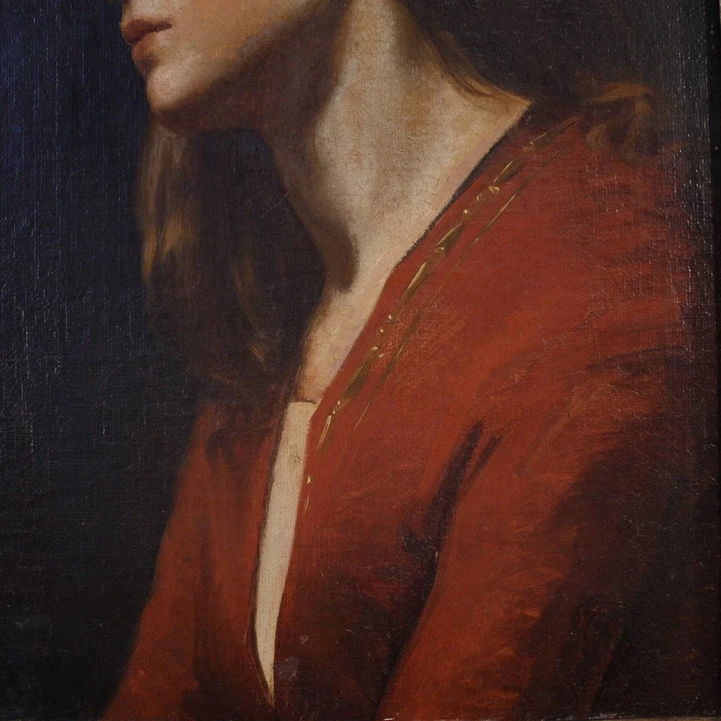 Tableau huile sur toile, portrait d'une jeune femme, rendu avec une grande délicatesse