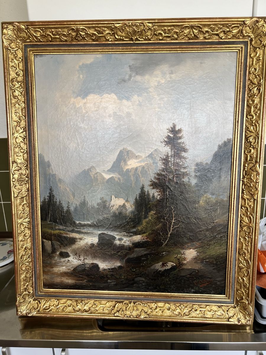 Tableau ancien représentant un paysage de montagne,