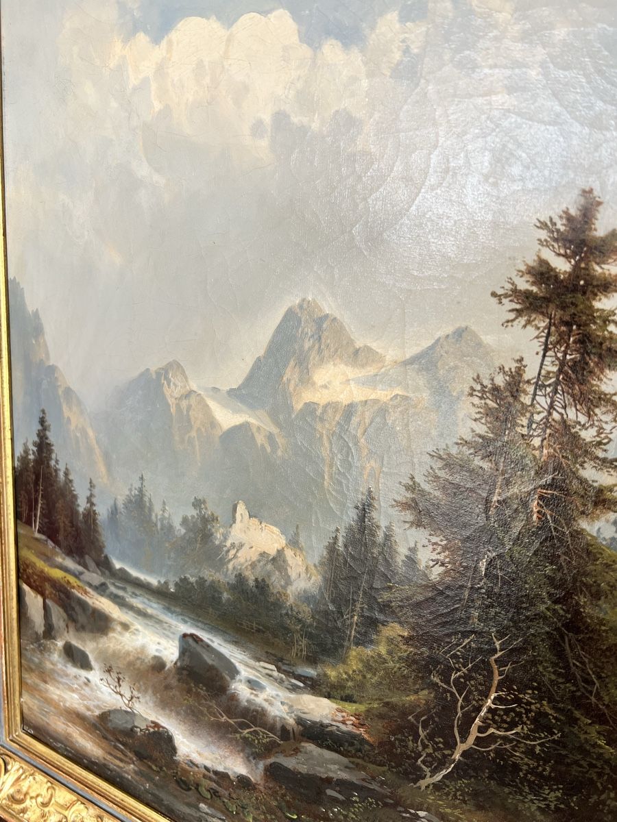 Tableau ancien représentant un paysage de montagne,