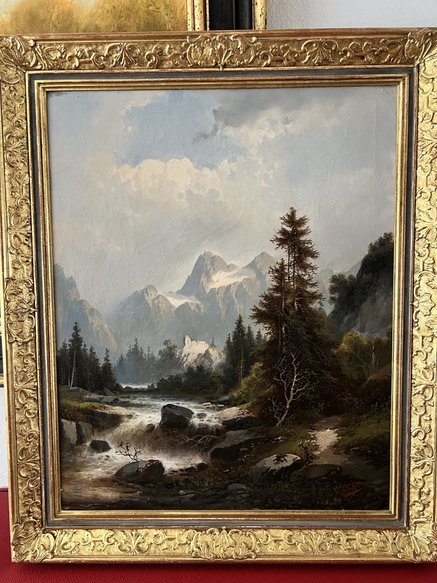 Tableau ancien représentant un paysage de montagne,