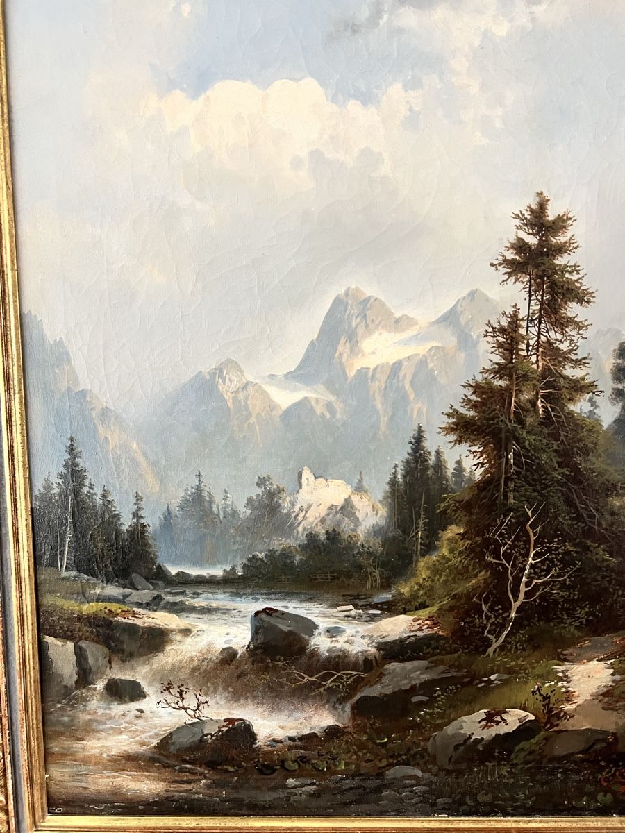 Tableau ancien représentant un paysage de montagne,