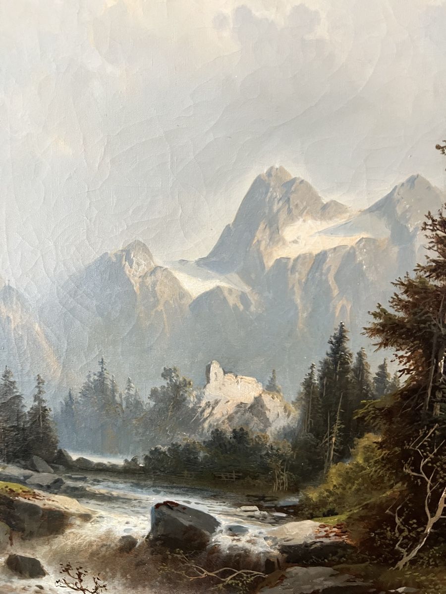 Tableau ancien représentant un paysage de montagne,