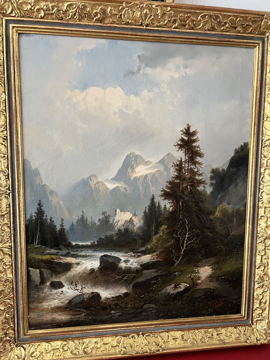 Tableau ancien représentant un paysage de montagne,