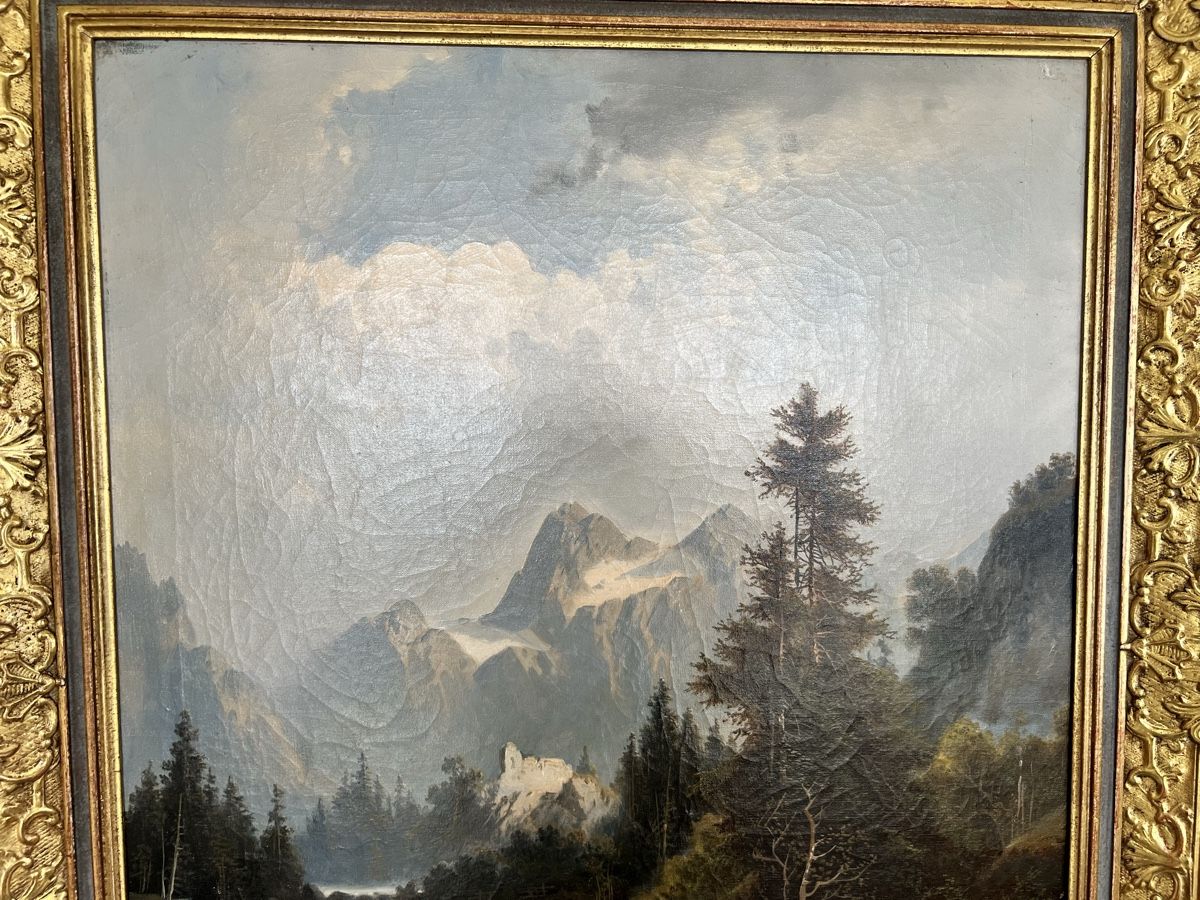 Tableau ancien représentant un paysage de montagne,