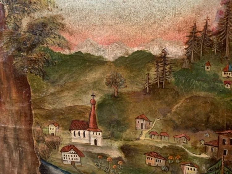 Peinture à l'huile ancienne d'époque Route d'Amden