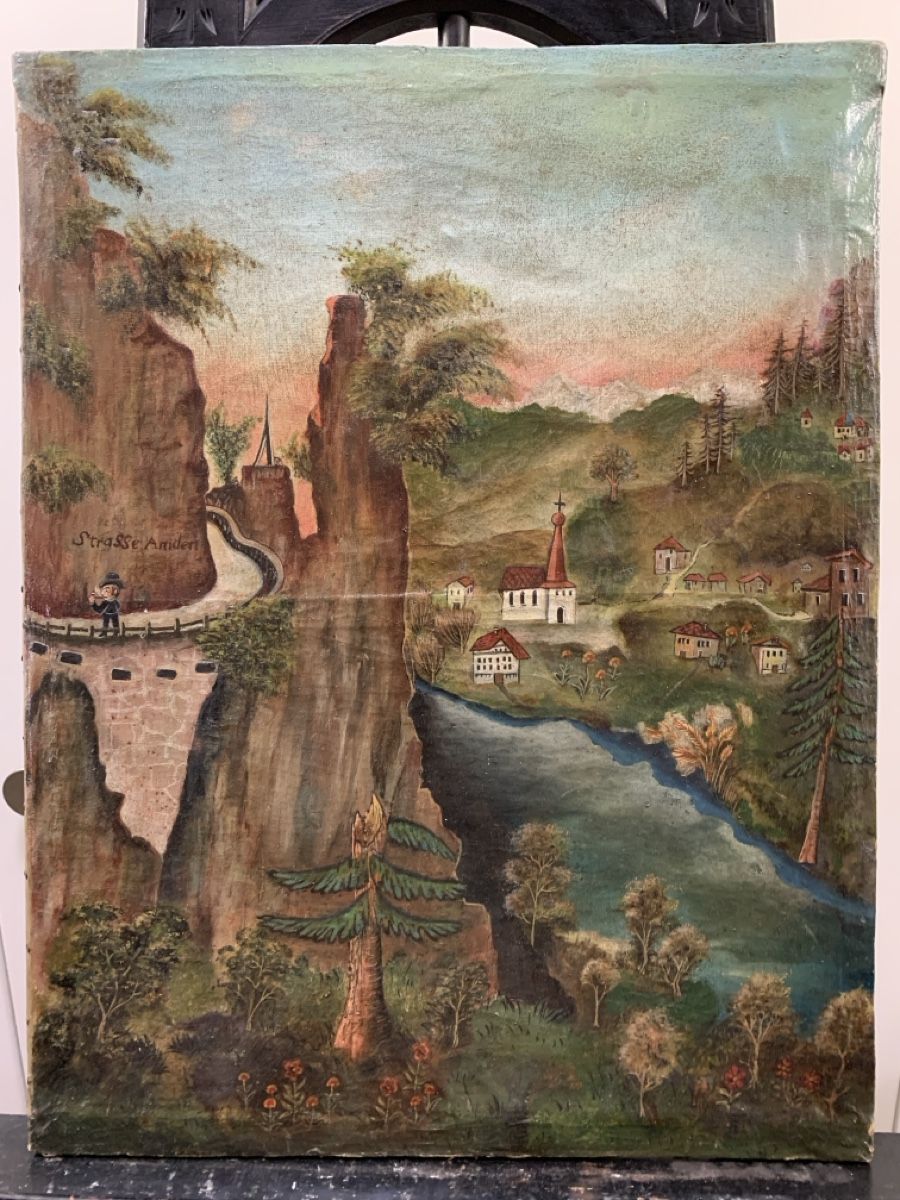 Peinture à l'huile ancienne d'époque Route d'Amden