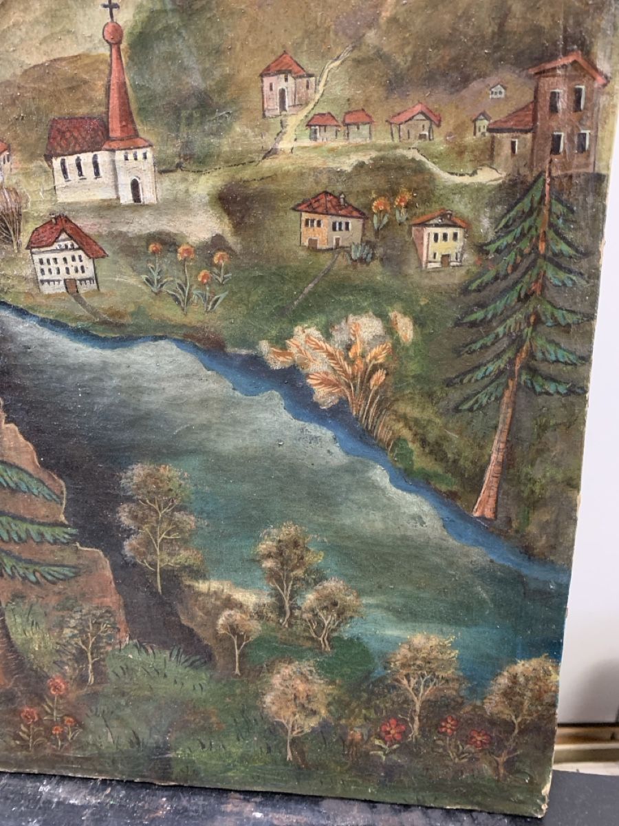 Peinture à l'huile ancienne d'époque Route d'Amden
