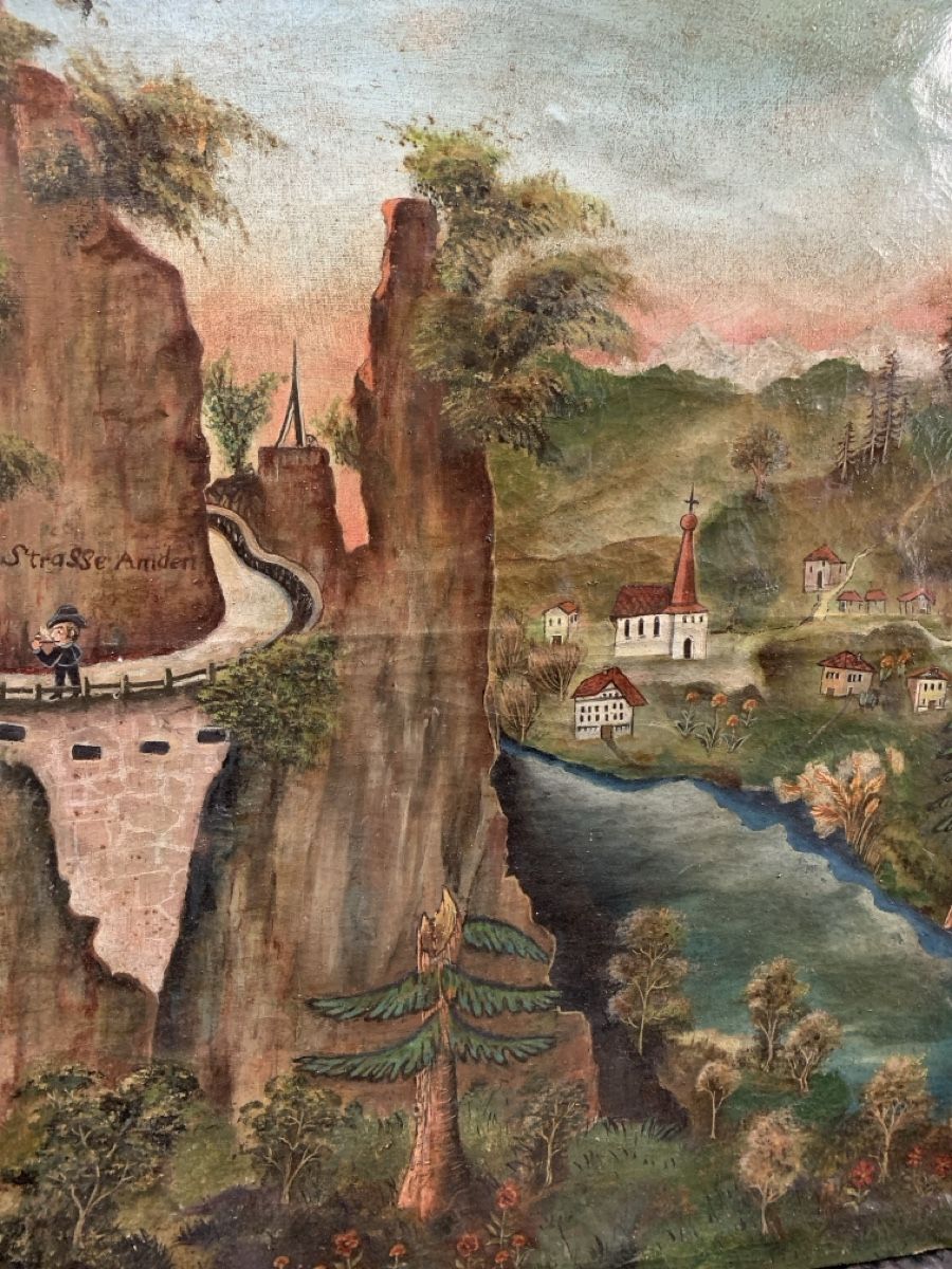 Peinture à l'huile ancienne d'époque Route d'Amden