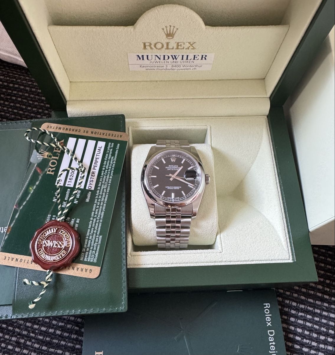 Montre Rolex Datejust 36 mm réf. 116200, cadran noir