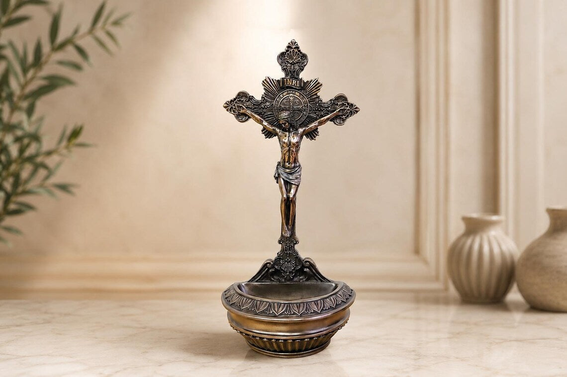 bénitier avec crucifix - Décoration d'autel catholique, support d'eau bénite mural ou de table, cadeau religieux