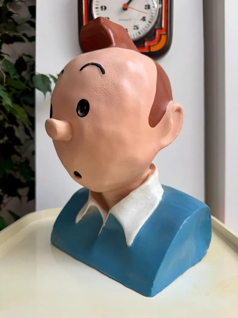 Buste vintage en plâtre peint à la main représentant Tintin