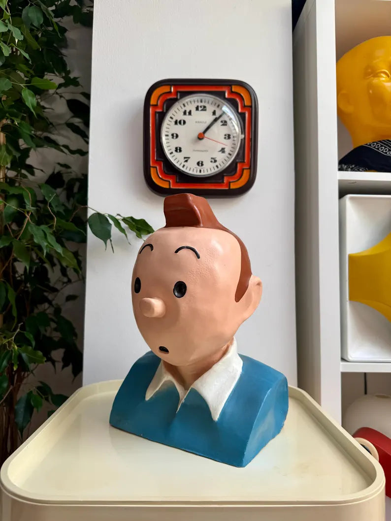 Buste vintage en plâtre peint à la main représentant Tintin