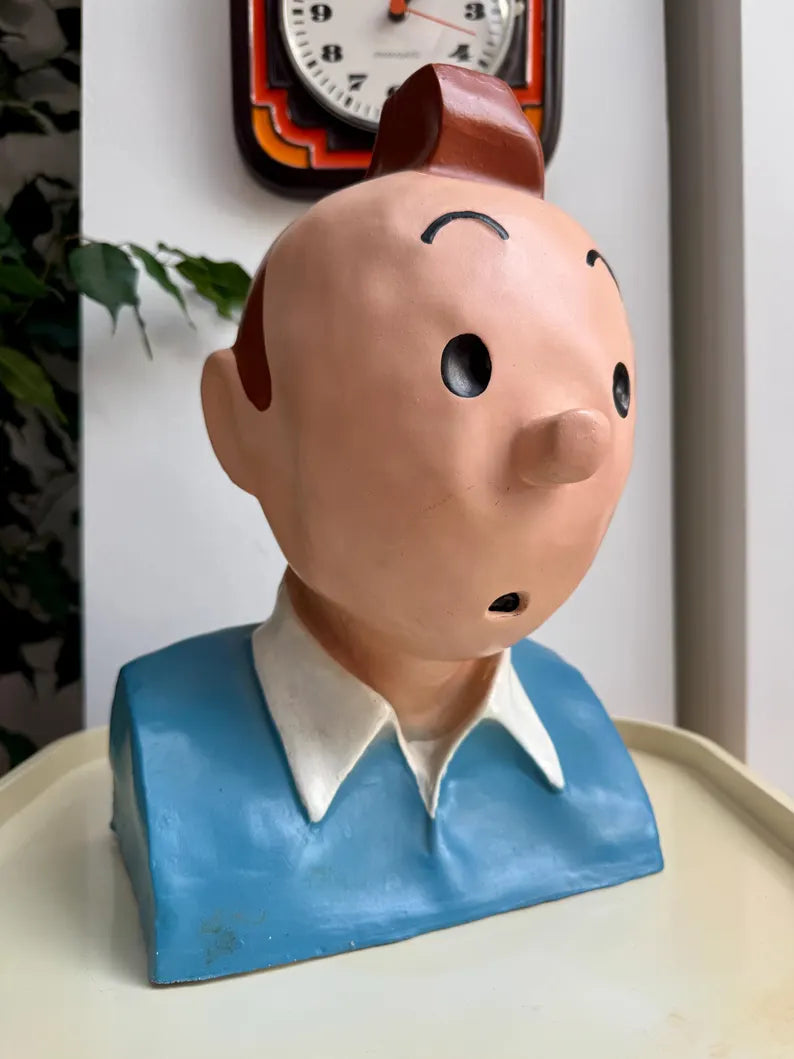 Buste vintage en plâtre peint à la main représentant Tintin