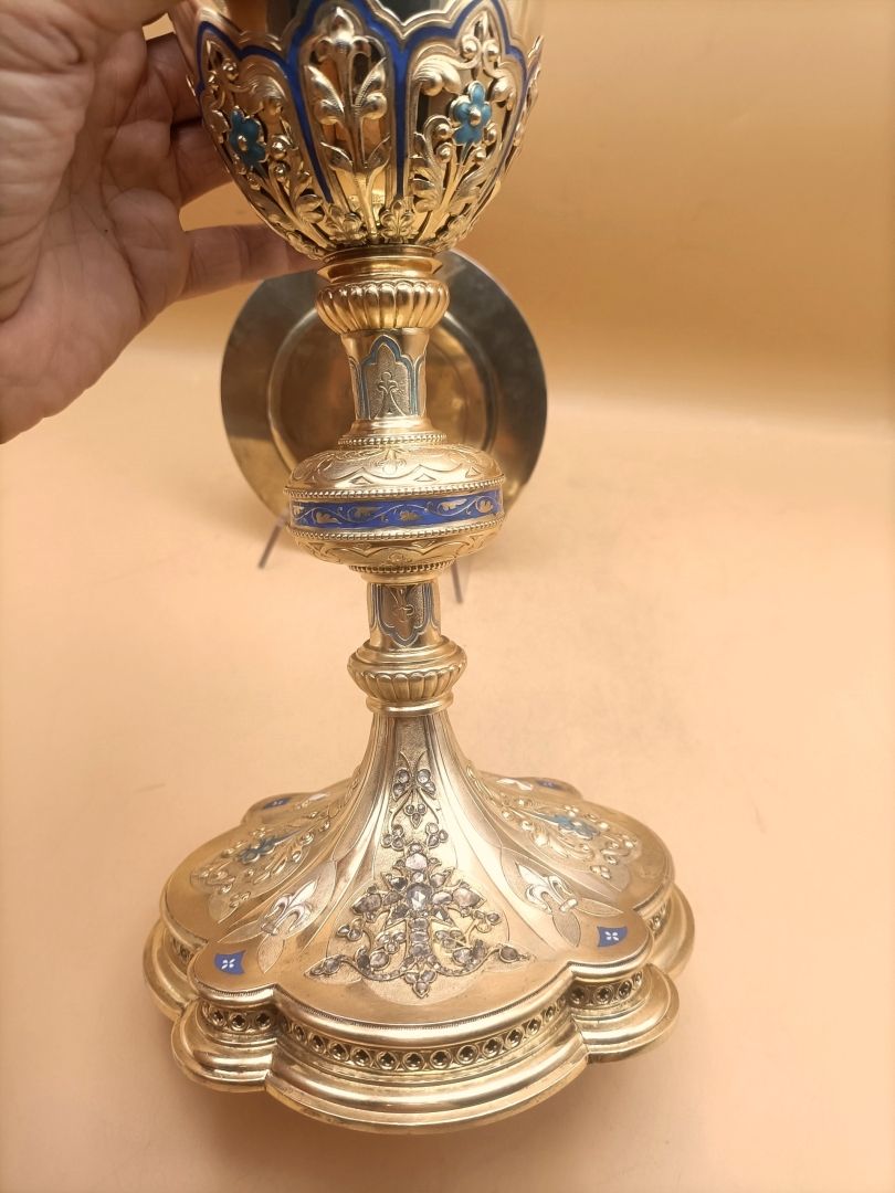 calice en argent doré , emaux , fleurdelysé , diamants fin XIX°