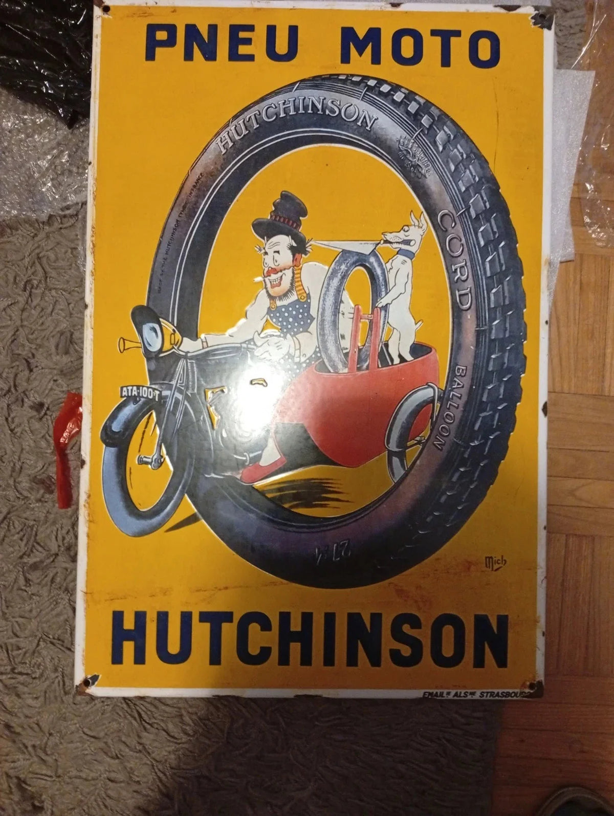 Plaque émaillée publicitaire ancienne pneu hutchinson