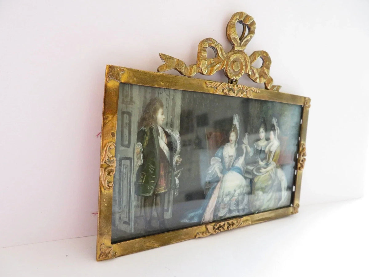 Belle MINIATURE XIXe, dans le gout du XVIIIe. Scène d'intérieur. CADRE en BRONZE