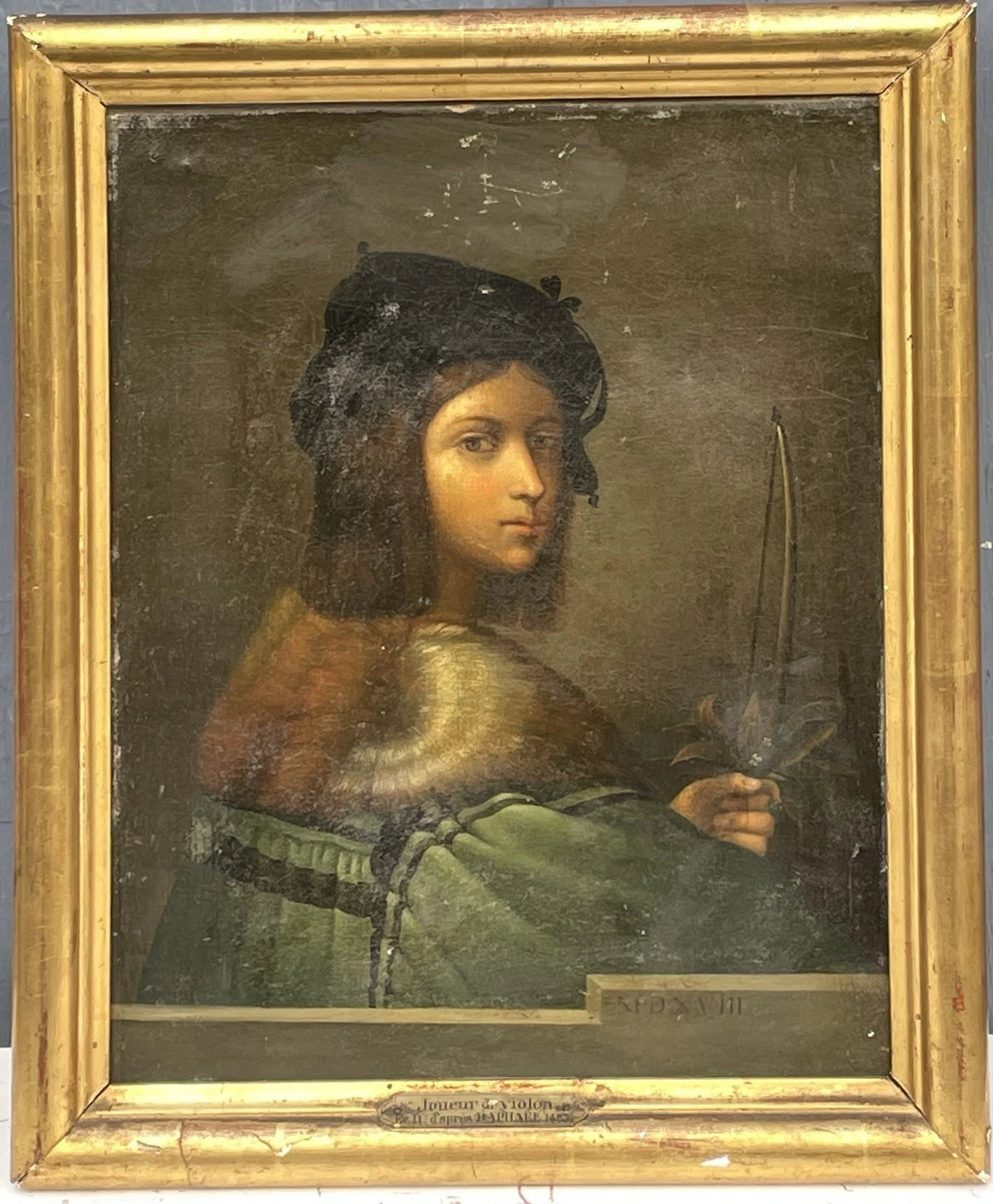 Tableau Ancien Huile Portrait Joueur de Violon Homme Renaissance Raphael XIXe