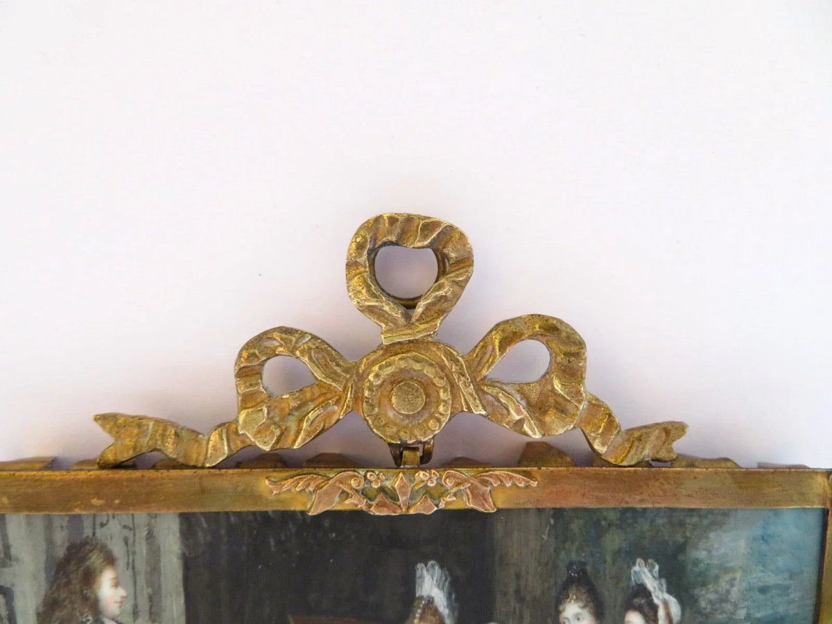Belle MINIATURE XIXe, dans le gout du XVIIIe. Scène d'intérieur. CADRE en BRONZE