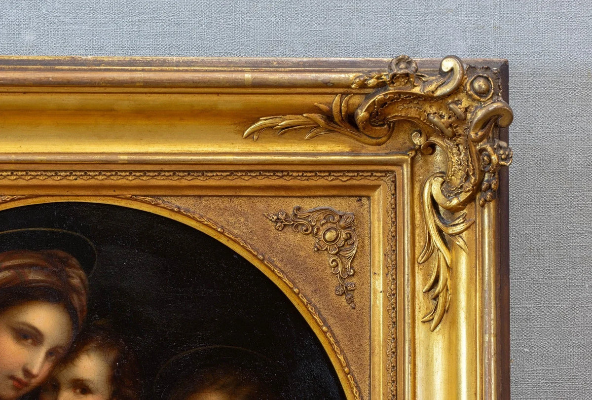 XIXème Huile Tondo sur cuivre d'après le vieux maître italien Raphaël  Cadre doré ancien