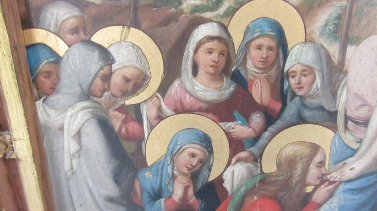 tableau, Huile sur PANNEAU ZINC , Scène Religieuse , Descente De Croix , 19eme