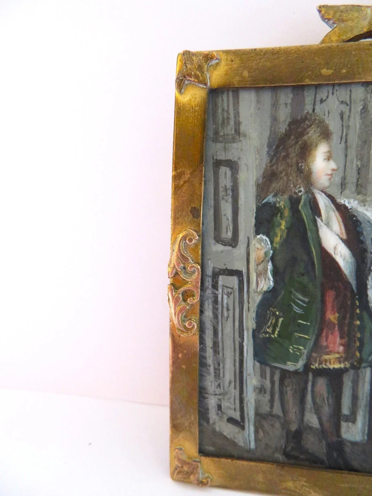 Belle MINIATURE XIXe, dans le gout du XVIIIe. Scène d'intérieur. CADRE en BRONZE
