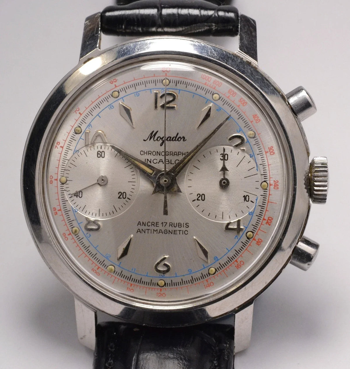 MONTRE CHRONOGRAPHE SUISSE MOGADOR ACIER LANDERON 1960 VINTAGE WATCH