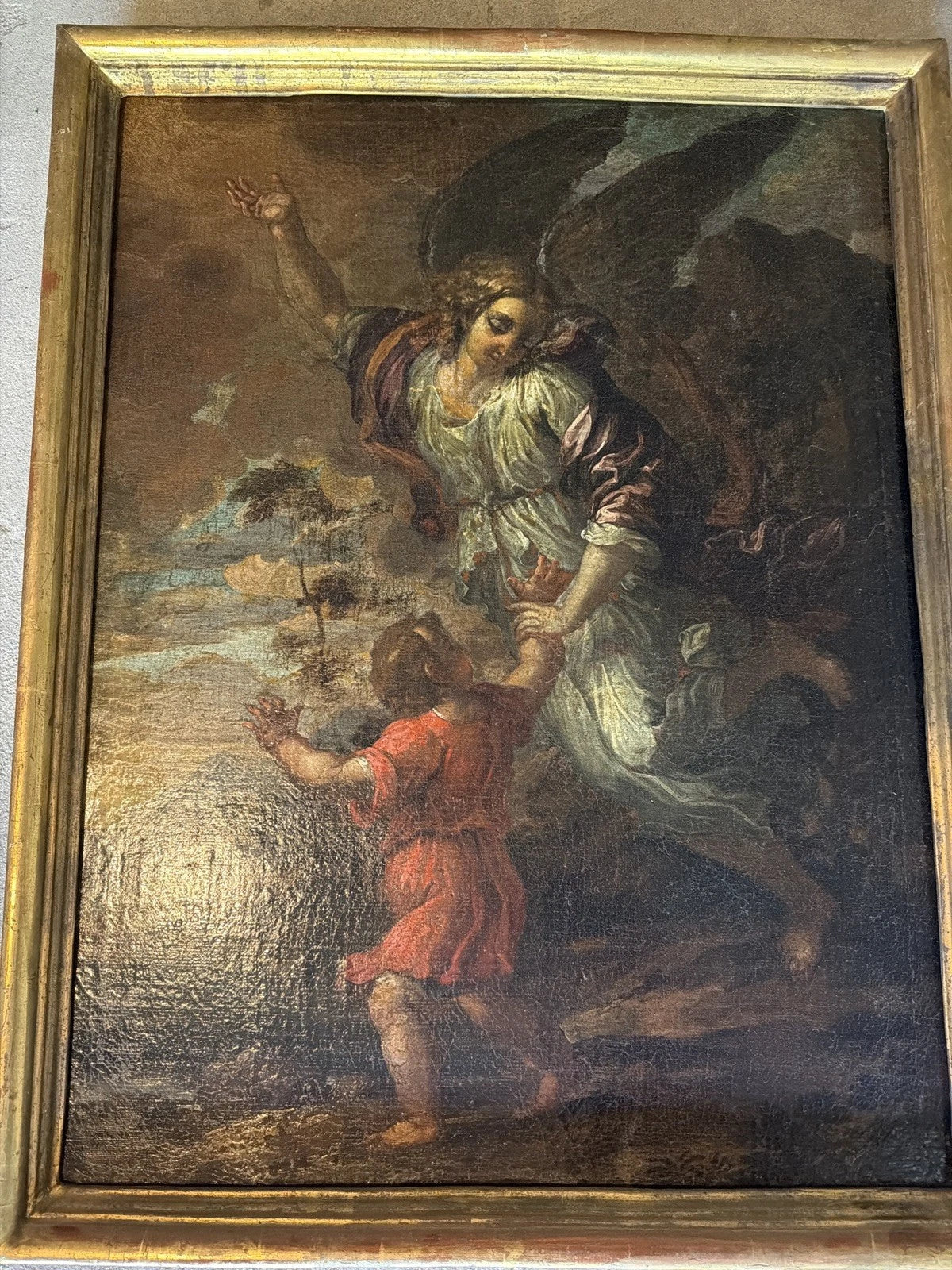 Tableau ancien – Scène religieuse : Ange et enfant Huile sur toile