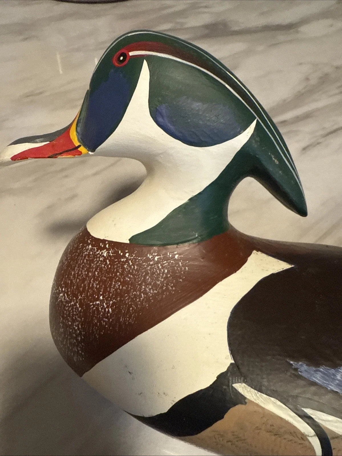 Canard mandarin en bois massif sculpté, leurre vintage du capitaine harry jobes